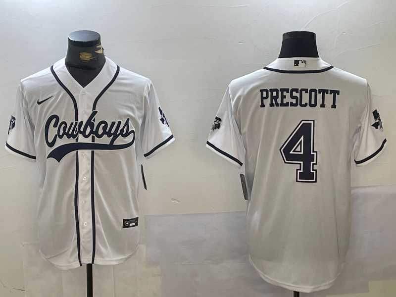 Men%27s Dallas Cowboys #4 Dak Prescott White With Navy Name Cool Base Stitched Baseball Jersey